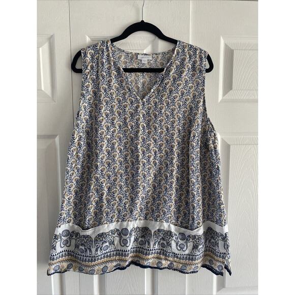 J Jill Love Linen Women's Large Sleeveless Elephant Pocket Top Boho Artsy‎ Beach - Picture 1 of 6